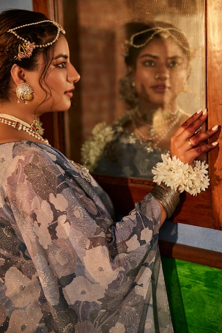 Shop Mamicha Blue Chiffon Round Neck Floral Print Kaftan And Pant Set Shop_Mamicha_Blue Chiffon Round Neck Floral Print Kaftan And Pant Set