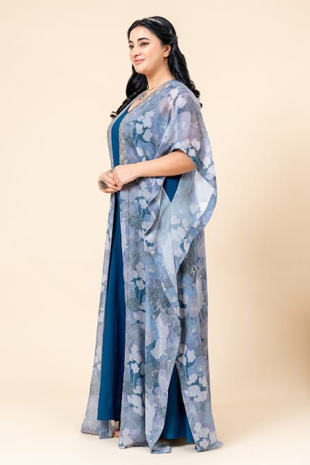 Mamicha_Teal Chiffon Embroidery V-, Open Blue Sparkle Dress And Shrug Set_Online_at_Aza_Fashions