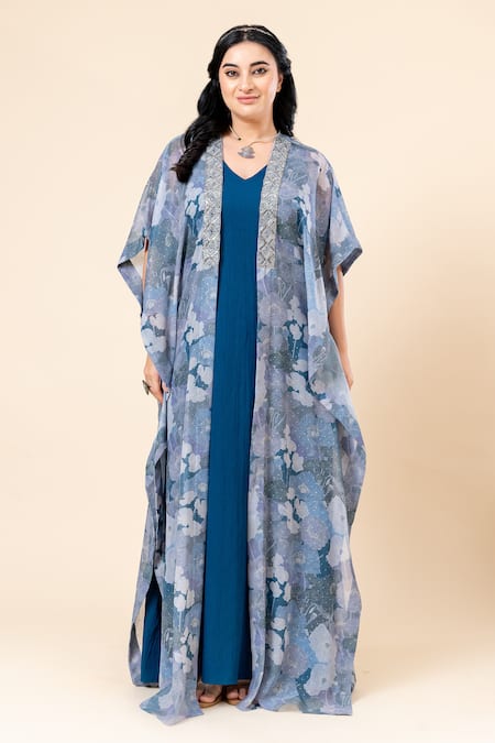 Buy_Mamicha_Teal Chiffon Embroidery V-, Open Blue Sparkle Dress And Shrug Set_Online_at_Aza_Fashions