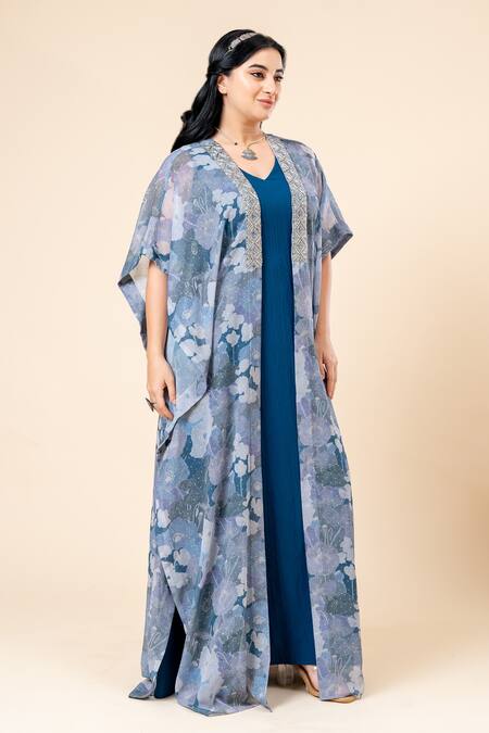 Shop_Mamicha_Teal Chiffon Embroidery V-, Open Blue Sparkle Dress And Shrug Set_Online_at_Aza_Fashions