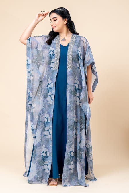 Mamicha_Teal Chiffon Embroidery V-, Open Blue Sparkle Dress And Shrug Set_at_Aza_Fashions