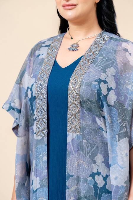 Buy_Mamicha_Teal Chiffon Embroidery V-, Open Blue Sparkle Dress And Shrug Set