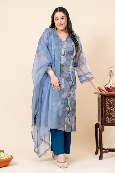 Shop Mamicha Blue Chiffon Beads, Embroidery Split V-neck Midnight Floral Kurta Set Online at Aza Fashions Shop_Mamicha_Blue Chiffon Beads, Embroidery Split V-neck Midnight Floral Kurta Set_Online_at_Aza_Fashions