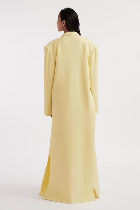Shop_Deme By Gabriella_Yellow Net, Maheshwari, Lycra Collared Heloise Solid Long Jacket _at_Aza_Fashions