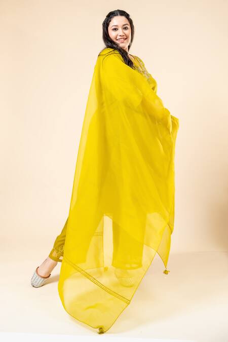 Mamicha_Green Satin Embroidery Round , Keyhole Designer Dark Lime Kurta Set_Online_at_Aza_Fashions