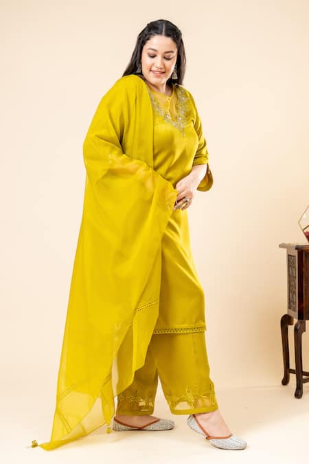 Buy_Mamicha_Green Satin Embroidery Round , Keyhole Designer Dark Lime Kurta Set_Online_at_Aza_Fashions