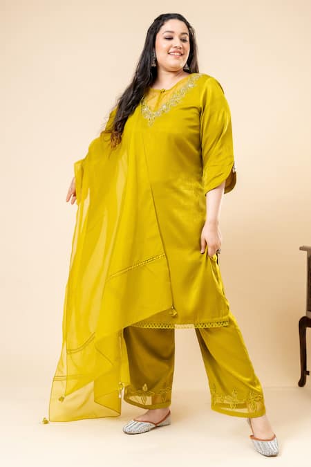Shop_Mamicha_Green Satin Embroidery Round , Keyhole Designer Dark Lime Kurta Set_Online_at_Aza_Fashions