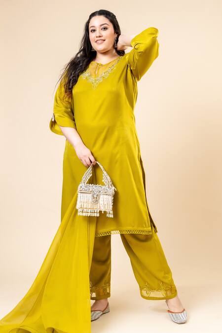 Mamicha_Green Satin Embroidery Round , Keyhole Designer Dark Lime Kurta Set_at_Aza_Fashions