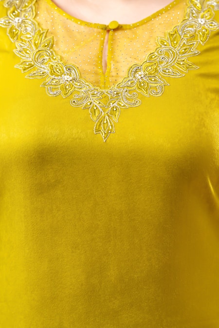 Shop_Mamicha_Green Satin Embroidery Round , Keyhole Designer Dark Lime Kurta Set