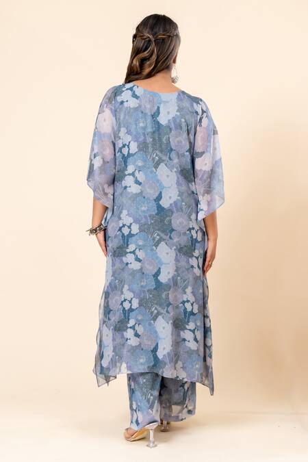 Shop Mamicha Blue Chiffon V-neck Floral Print Kaftan And Pant Set at Aza Fashions Shop_Mamicha_Blue Chiffon V-neck Floral Print Kaftan And Pant Set_at_Aza_Fashions