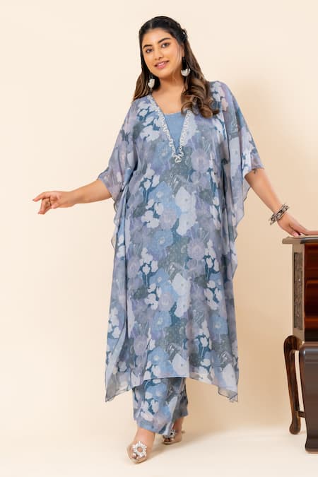 Mamicha Blue Chiffon V-neck Floral Print Kaftan And Pant Set