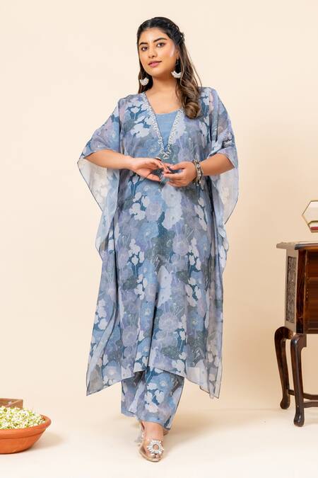 Mamicha Blue Chiffon V-neck Floral Print Kaftan And Pant Set Online at Aza Fashions Mamicha_Blue Chiffon V-neck Floral Print Kaftan And Pant Set_Online_at_Aza_Fashions