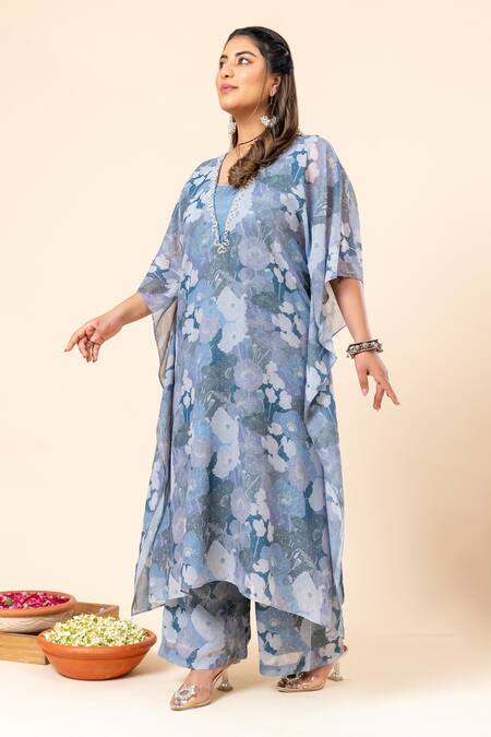 Buy Mamicha Blue Chiffon V-neck Floral Print Kaftan And Pant Set Online at Aza Fashions Buy_Mamicha_Blue Chiffon V-neck Floral Print Kaftan And Pant Set_Online_at_Aza_Fashions