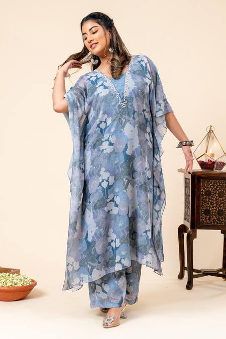 Shop Mamicha Blue Chiffon V-neck Floral Print Kaftan And Pant Set Online at Aza Fashions Shop_Mamicha_Blue Chiffon V-neck Floral Print Kaftan And Pant Set_Online_at_Aza_Fashions