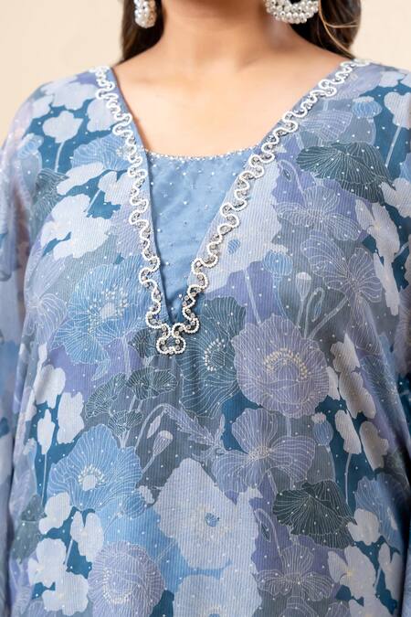 Mamicha Blue Chiffon V-neck Floral Print Kaftan And Pant Set at Aza Fashions Mamicha_Blue Chiffon V-neck Floral Print Kaftan And Pant Set_at_Aza_Fashions