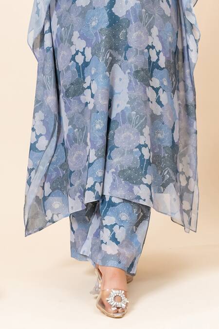 Buy Mamicha Blue Chiffon V-neck Floral Print Kaftan And Pant Set Buy_Mamicha_Blue Chiffon V-neck Floral Print Kaftan And Pant Set