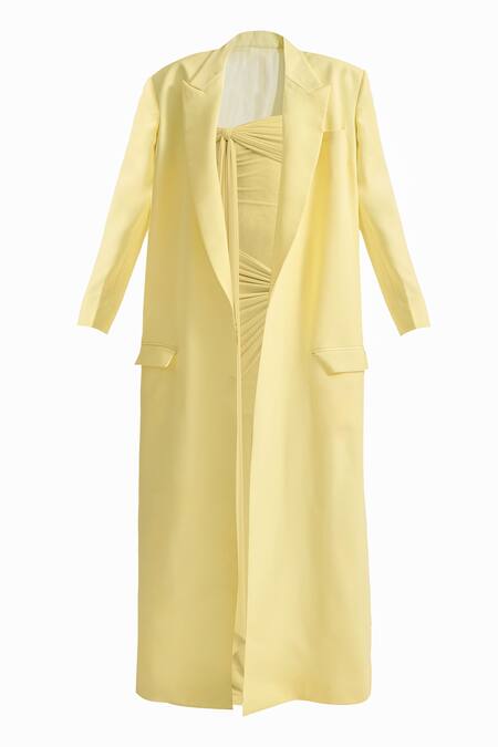 Shop_Deme By Gabriella_Yellow Net, Maheshwari, Lycra Collared Heloise Solid Long Jacket _Online_at_Aza_Fashions