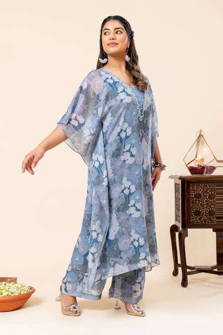 Shop Mamicha Blue Chiffon V-neck Floral Print Kaftan And Pant Set Shop_Mamicha_Blue Chiffon V-neck Floral Print Kaftan And Pant Set