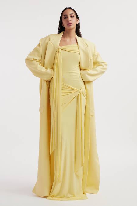 Deme By Gabriella_Yellow Net, Maheshwari, Lycra Collared Heloise Solid Long Jacket _at_Aza_Fashions