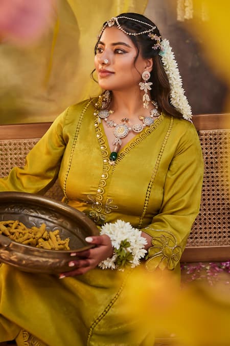 Mamicha_Green Satin Split V-neck Dark Lime Kurta Pant Set_Online_at_Aza_Fashions