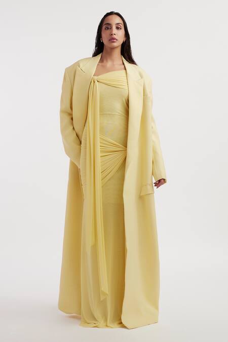 Buy_Deme By Gabriella_Yellow Net, Maheshwari, Lycra Collared Heloise Solid Long Jacket 