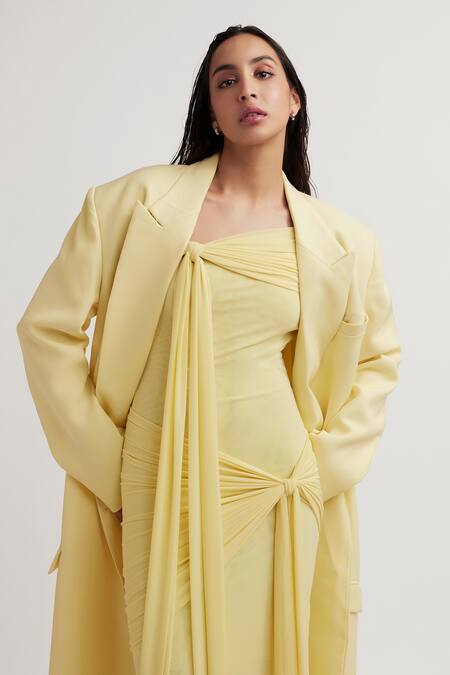 Shop_Deme By Gabriella_Yellow Net, Maheshwari, Lycra Collared Heloise Solid Long Jacket 