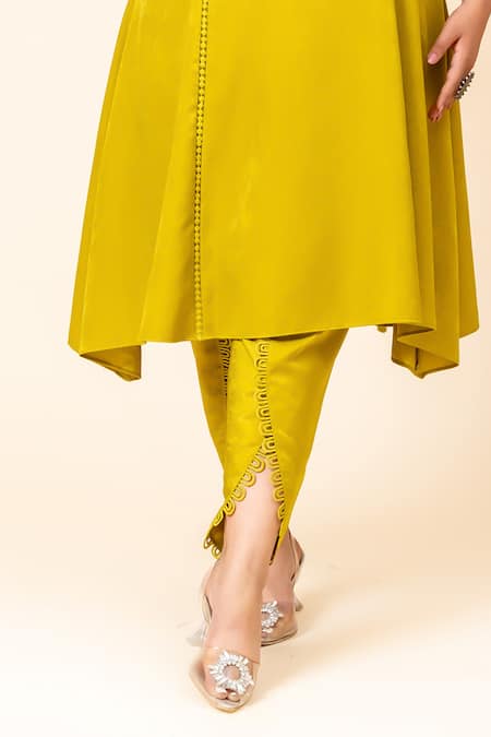 Shop_Mamicha_Green Satin Split V-neck Dark Lime Kurta Pant Set_Online_at_Aza_Fashions