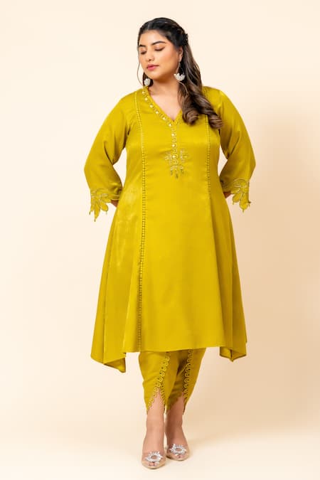 Buy_Mamicha_Green Satin Split V-neck Dark Lime Kurta Pant Set