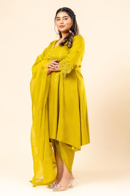 Shop_Mamicha_Green Satin Split V-neck Dark Lime Kurta Pant Set