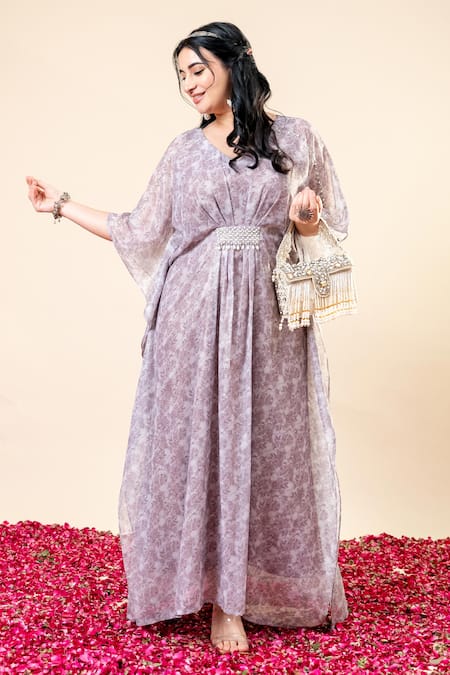 Mamicha_Purple Chiffon V-neck Designer Kaftan In Salmon Pink_Online_at_Aza_Fashions