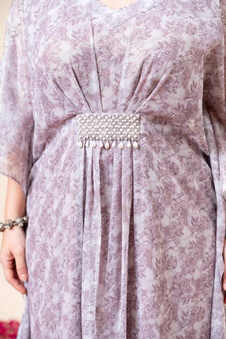 Shop_Mamicha_Purple Chiffon V-neck Designer Kaftan In Salmon Pink_Online_at_Aza_Fashions