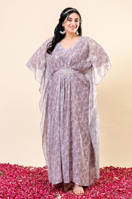 Mamicha_Purple Chiffon V-neck Designer Kaftan In Salmon Pink_at_Aza_Fashions