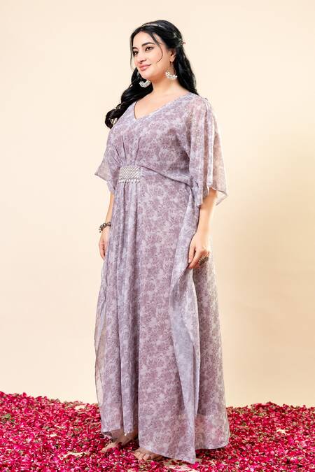 Buy_Mamicha_Purple Chiffon V-neck Designer Kaftan In Salmon Pink