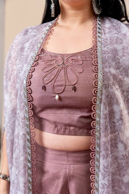 Shop Mamicha Crepe Floral Cape Set With Flared Pant Shop_Mamicha_Crepe Floral Cape Set With Flared Pant