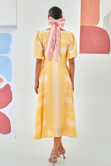 Moontara Yellow Check A Line Dress With Floral Detail 