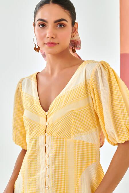 Moontara_Yellow Cotton Embroidery V-neck Check A Line Dress With Floral Detail _Online_at_Aza_Fashions