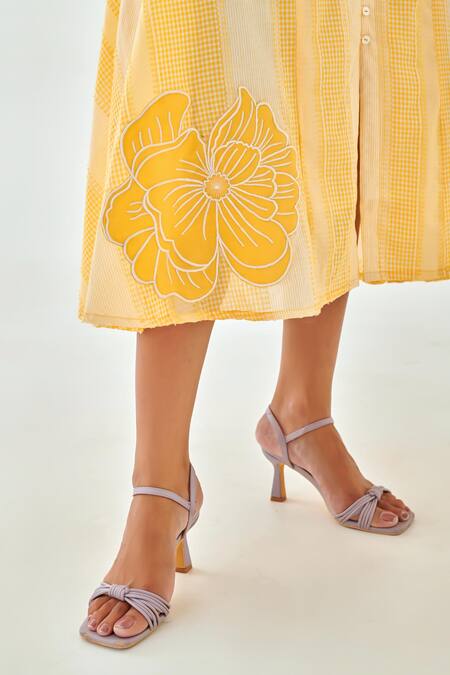 Buy_Moontara_Yellow Cotton Embroidery V-neck Check A Line Dress With Floral Detail _Online_at_Aza_Fashions