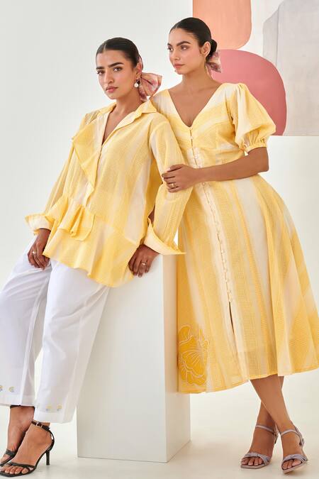 Shop_Moontara_Yellow Cotton Embroidery V-neck Check A Line Dress With Floral Detail _Online_at_Aza_Fashions