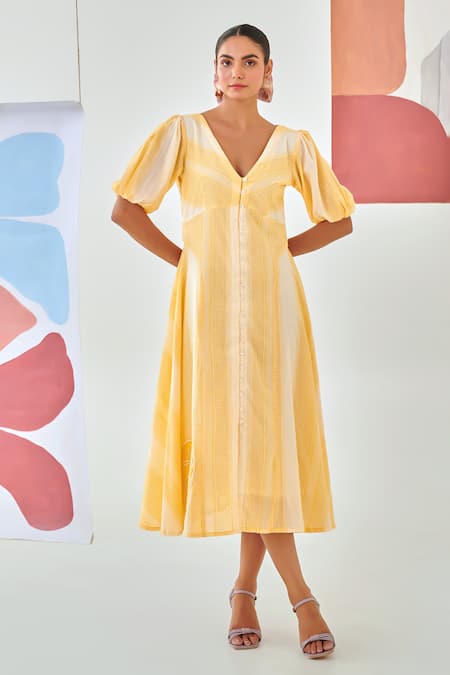 Moontara Yellow Cotton Embroidery V-neck Check A Line Dress With Floral Detail