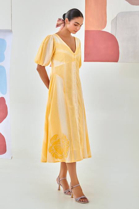 Moontara_Yellow Cotton Embroidery V-neck Check A Line Dress With Floral Detail _at_Aza_Fashions