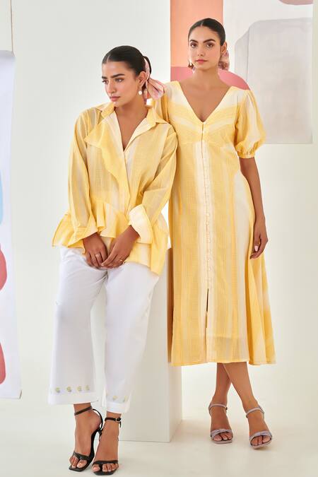 Shop_Moontara_Yellow Cotton Embroidery V-neck Check A Line Dress With Floral Detail 