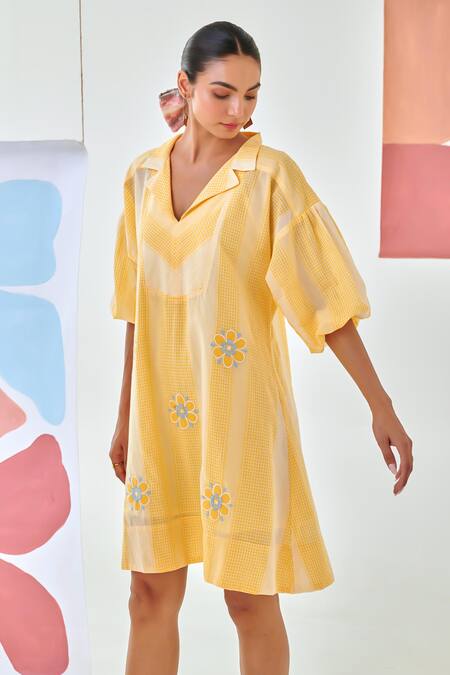 Moontara_Yellow Cotton Embroidery V-neck Check Short Dress With Floral _Online_at_Aza_Fashions