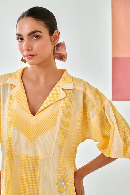 Buy_Moontara_Yellow Cotton Embroidery V-neck Check Short Dress With Floral _Online_at_Aza_Fashions