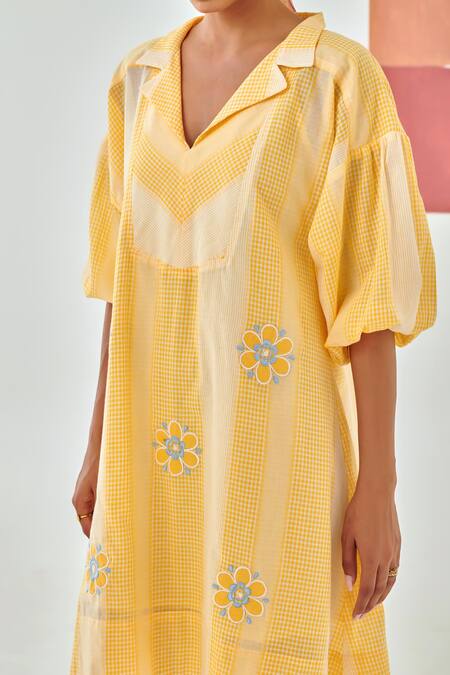 Shop_Moontara_Yellow Cotton Embroidery V-neck Check Short Dress With Floral _Online_at_Aza_Fashions