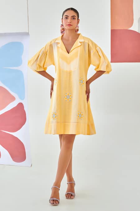 Moontara Yellow Cotton Embroidery V-neck Check Short Dress With Floral