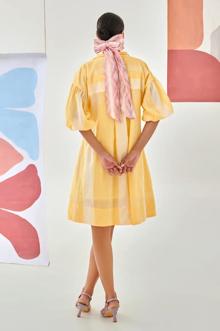 Moontara Yellow Check Short Dress with Floral Embroidery 