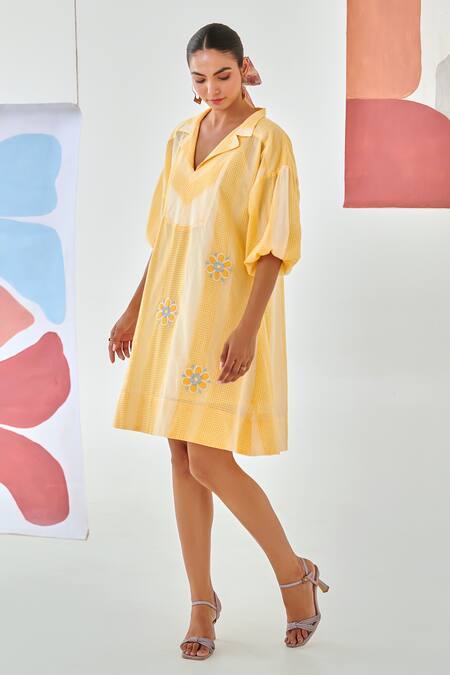 Moontara_Yellow Cotton Embroidery V-neck Check Short Dress With Floral _at_Aza_Fashions