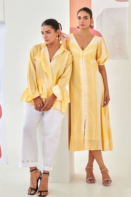 Moontara_Yellow Cotton Embroidery Collared Check Asymmetric Shirt And White Pants _Online_at_Aza_Fashions