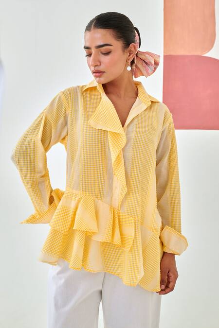Buy_Moontara_Yellow Cotton Embroidery Collared Check Asymmetric Shirt And White Pants _Online_at_Aza_Fashions