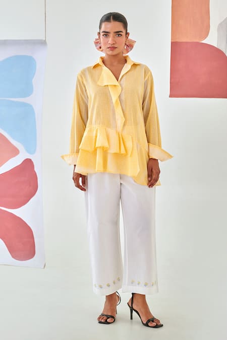 Moontara Yellow Cotton Embroidery Collared Check Asymmetric Shirt And White Pants